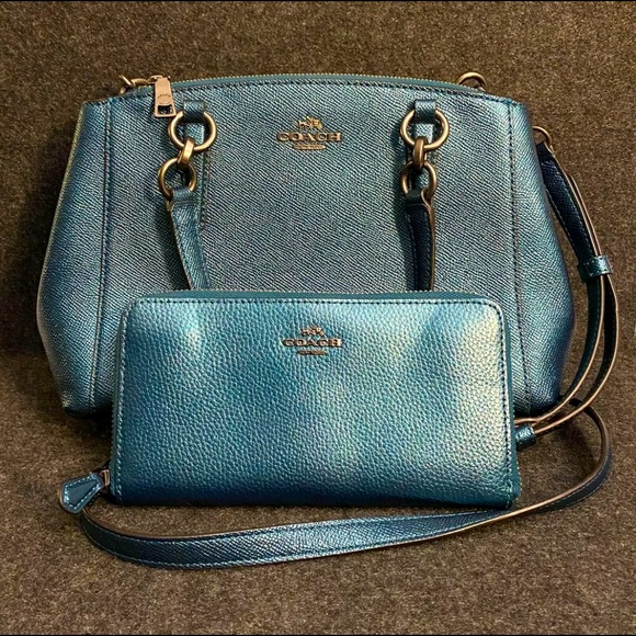 Coach Christie in metallic teal with coordinating wallet - Picture 1 of 9
